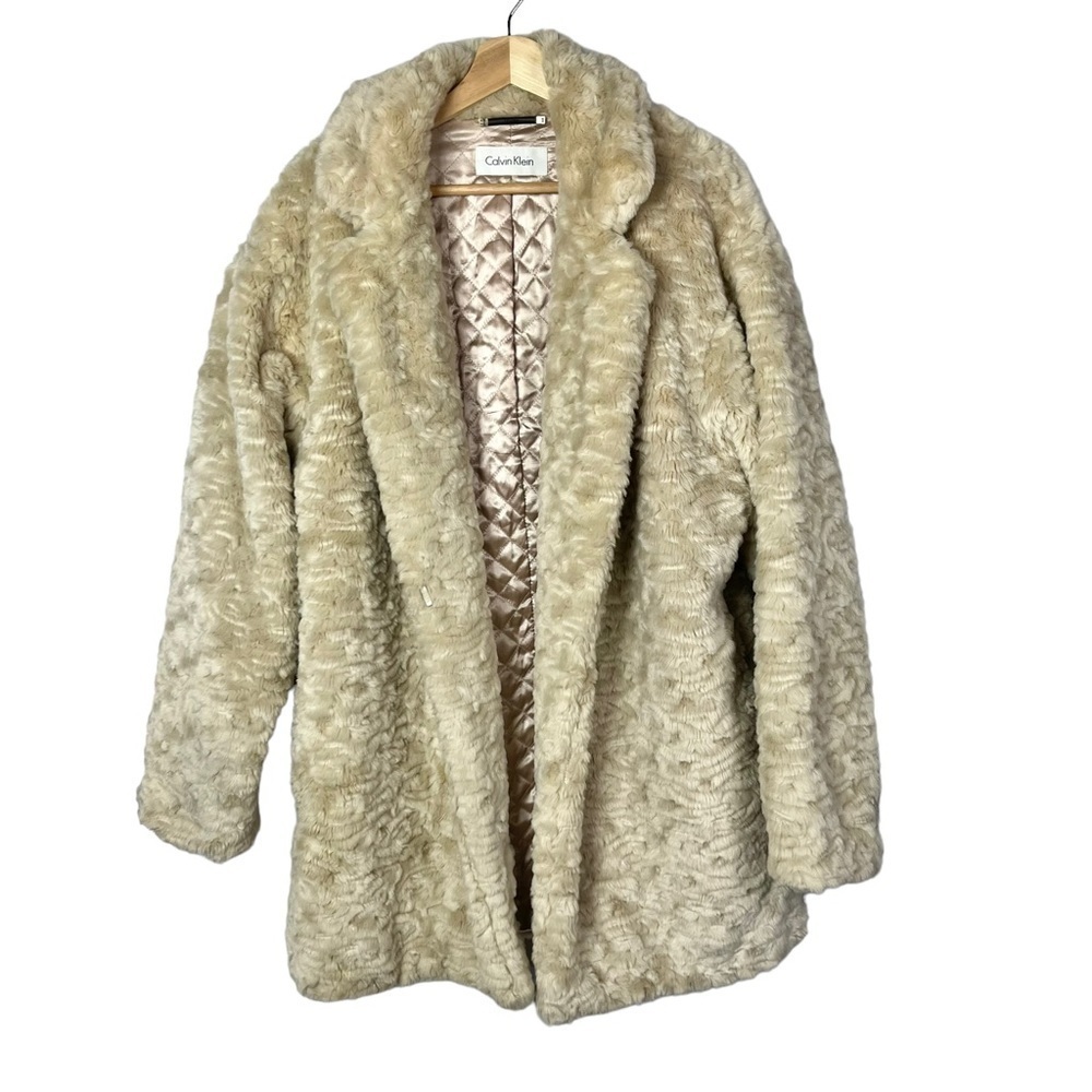 Calvin Klein Beige Light Brown Faux Fur Teddy‎ Mid Length Jacket L